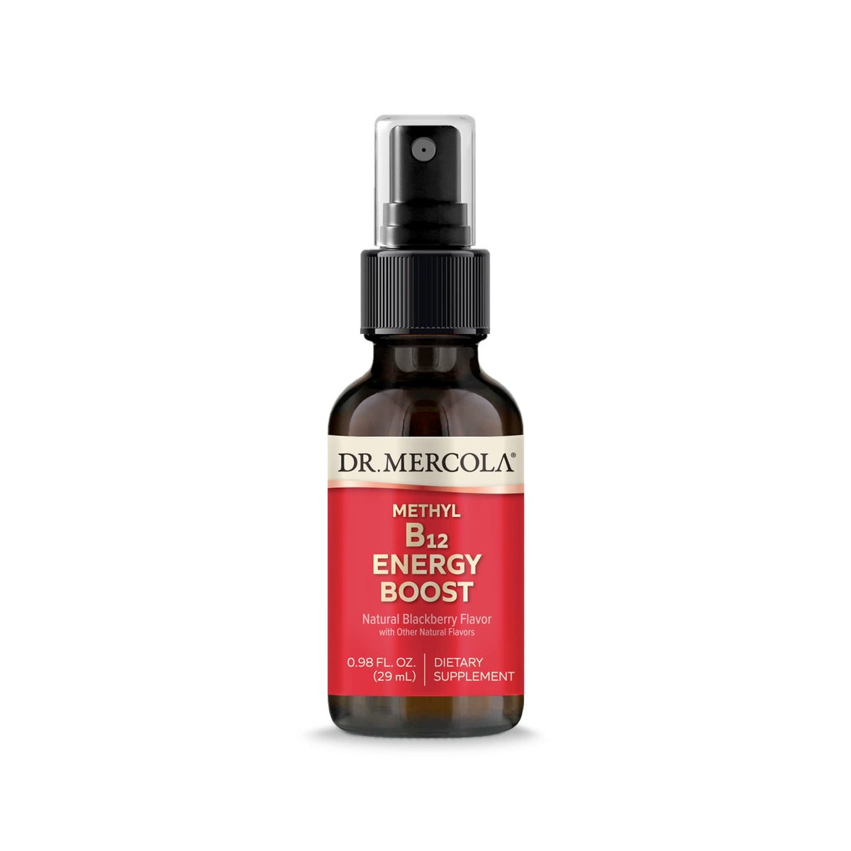 Dr. Mercola Methyl B12 Energy Boost spray enables quick energy support with convenient handheld application.