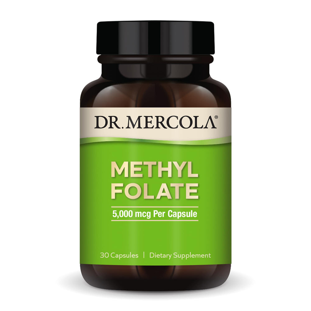 Dr. Mercola Methyl Folate bottle label shows 5 mg capsules for detox support.