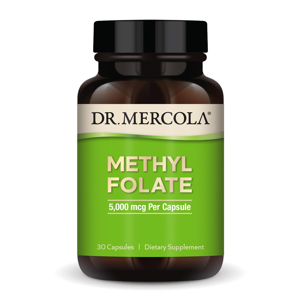 Dr. Mercola Methyl Folate bottle label shows 5 mg capsules for detox support.