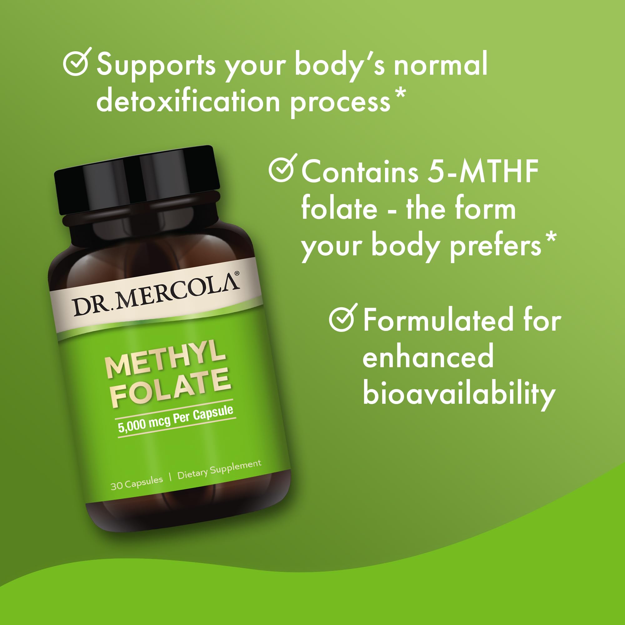 Dr. Mercola Methyl Folate on desk with supplement routine setup.