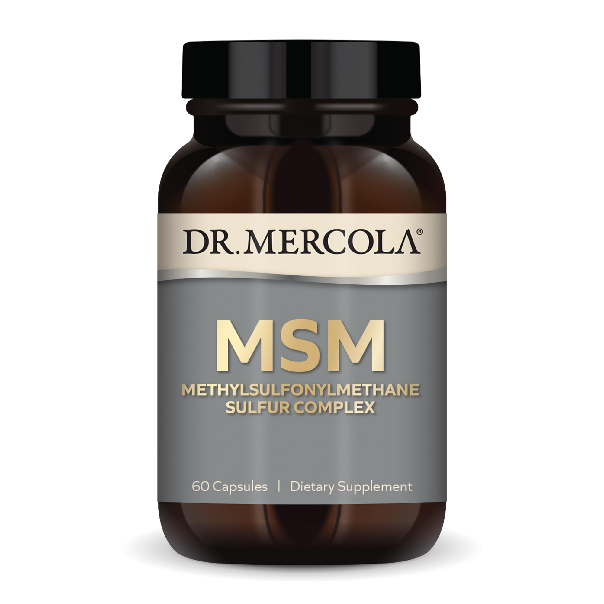 Dr. Mercola MSM Sulphur Complex bottle on the counter for daily wellness.