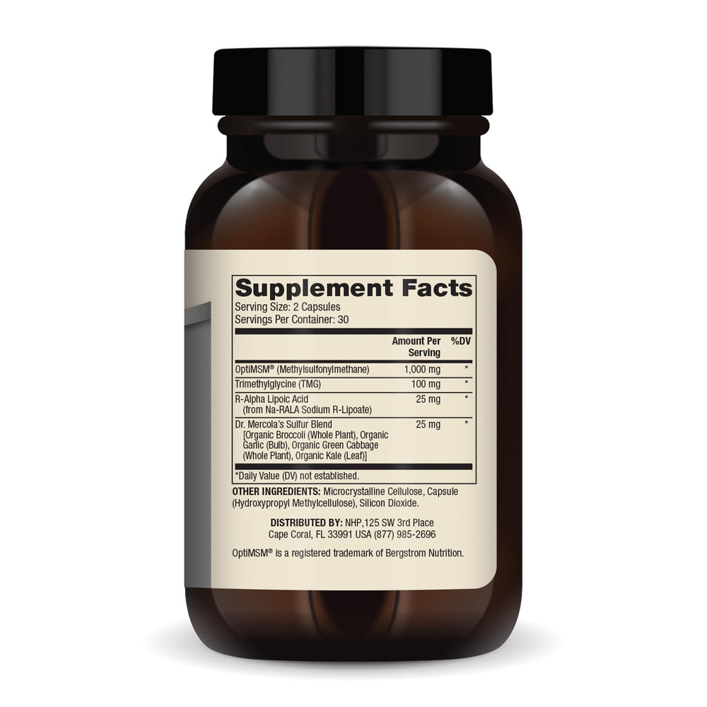 Close-up of Dr. Mercola MSM Sulphur Complex capsules for easy daily use.