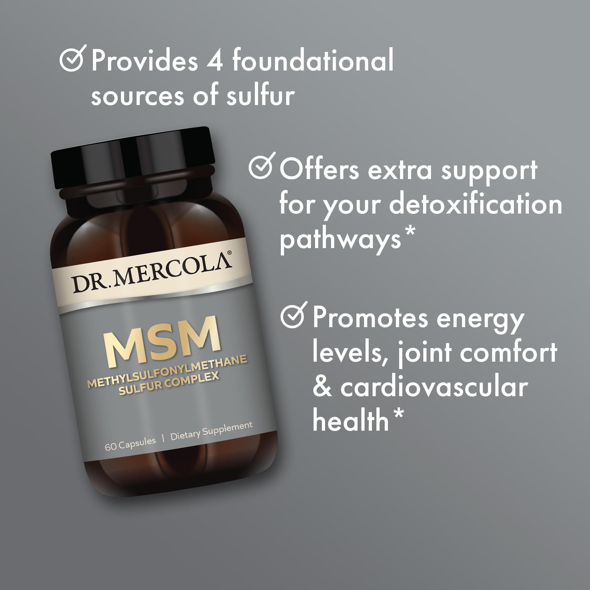 Dr. Mercola MSM Sulphur Complex dosage scoop, easy to add to routine.