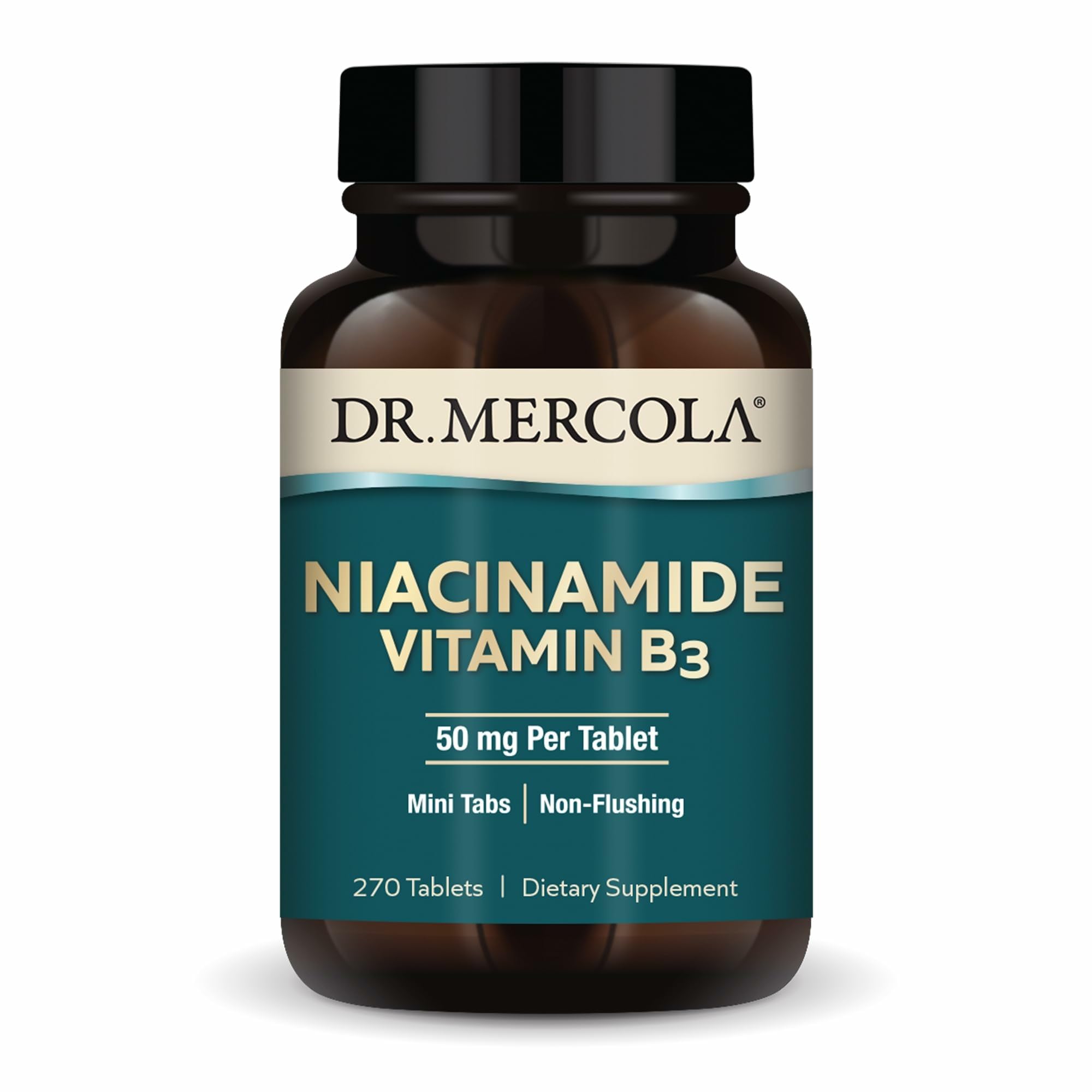 Dr. Mercola Niacinamide 50 mg mini tablet bottle ready for daily energy support.