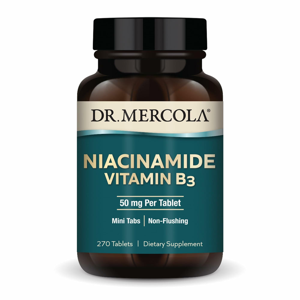 Dr. Mercola Niacinamide 50 mg mini tablet bottle ready for daily energy support.