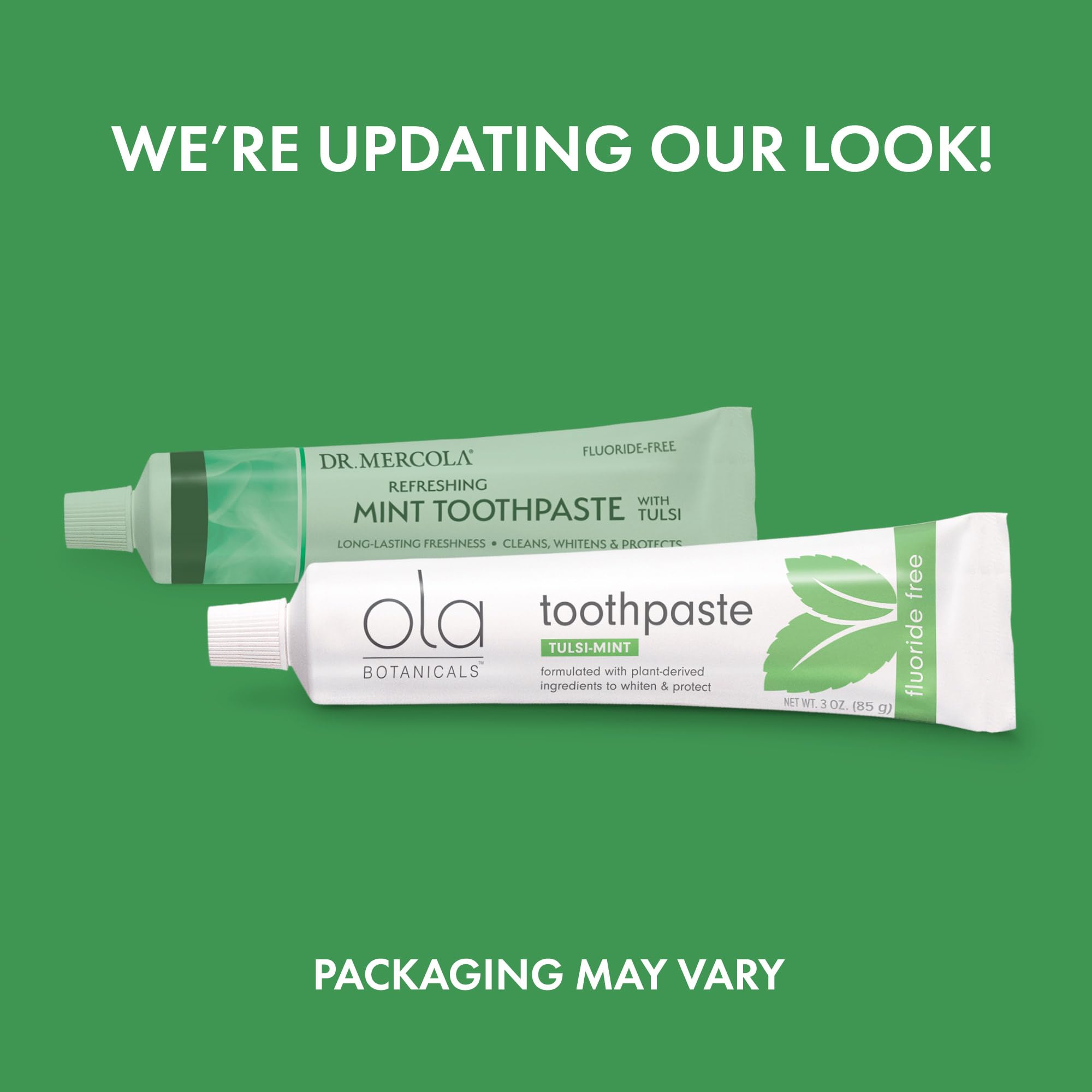 Dr. Mercola Ola Botanicals Toothpaste Tulsi-Mint open-cap view highlighting plant-based formula