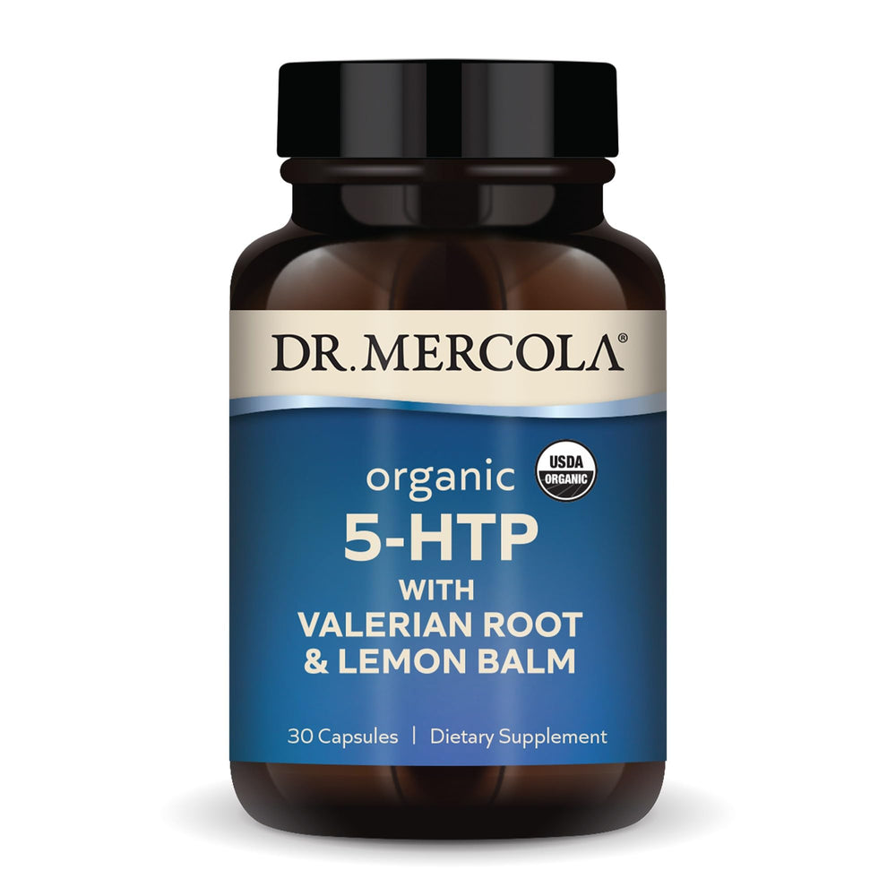 Dr. Mercola Organic 5-HTP capsules with valerian and lemon balm for relaxed evenings.