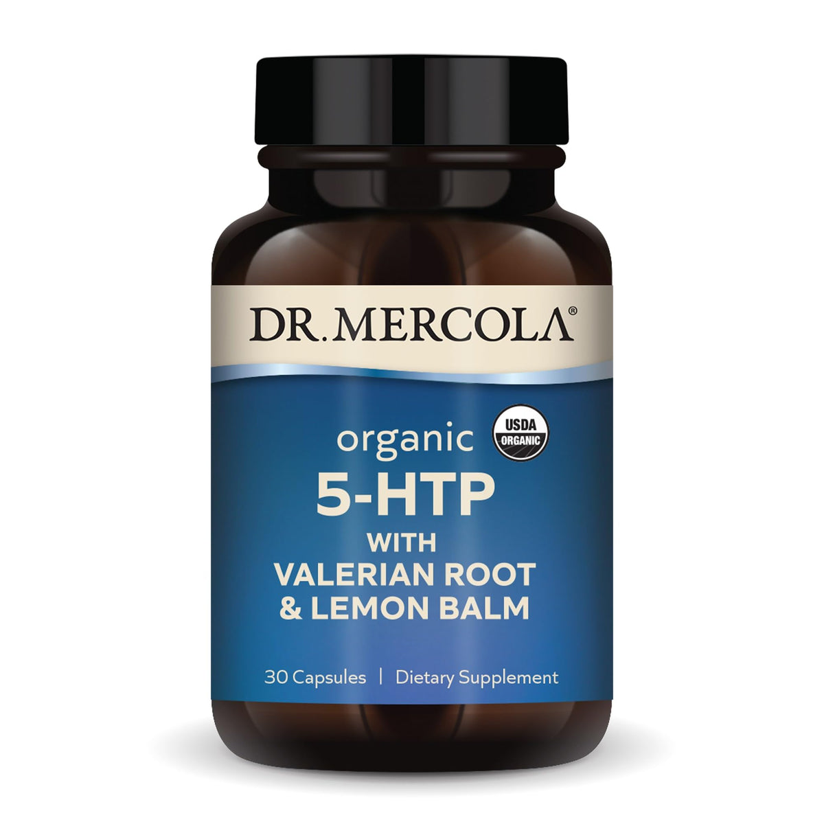 Dr. Mercola Organic 5-HTP capsules with valerian and lemon balm for relaxed evenings.