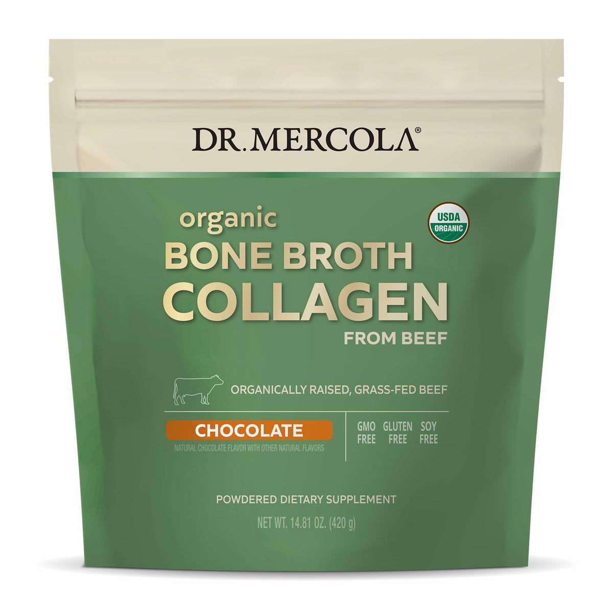 Dr. Mercola bone broth collagen powder pour for easy mixing