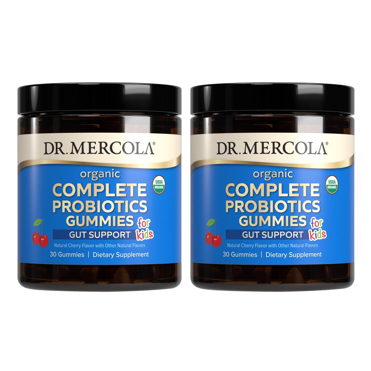 Dr. Mercola Organic Complete Probiotics Gummies for Kids bottle label showing digestive support.