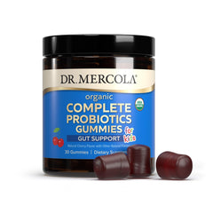 Dr. Mercola Complete Probiotics Kids jar with 30 gummies for convenient daily use.