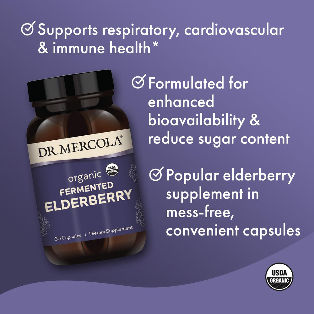 Dr. Mercola bottle with fresh elderberries highlights natural ingredients for daily use.