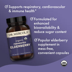 Dr. Mercola bottle with fresh elderberries highlights natural ingredients for daily use.