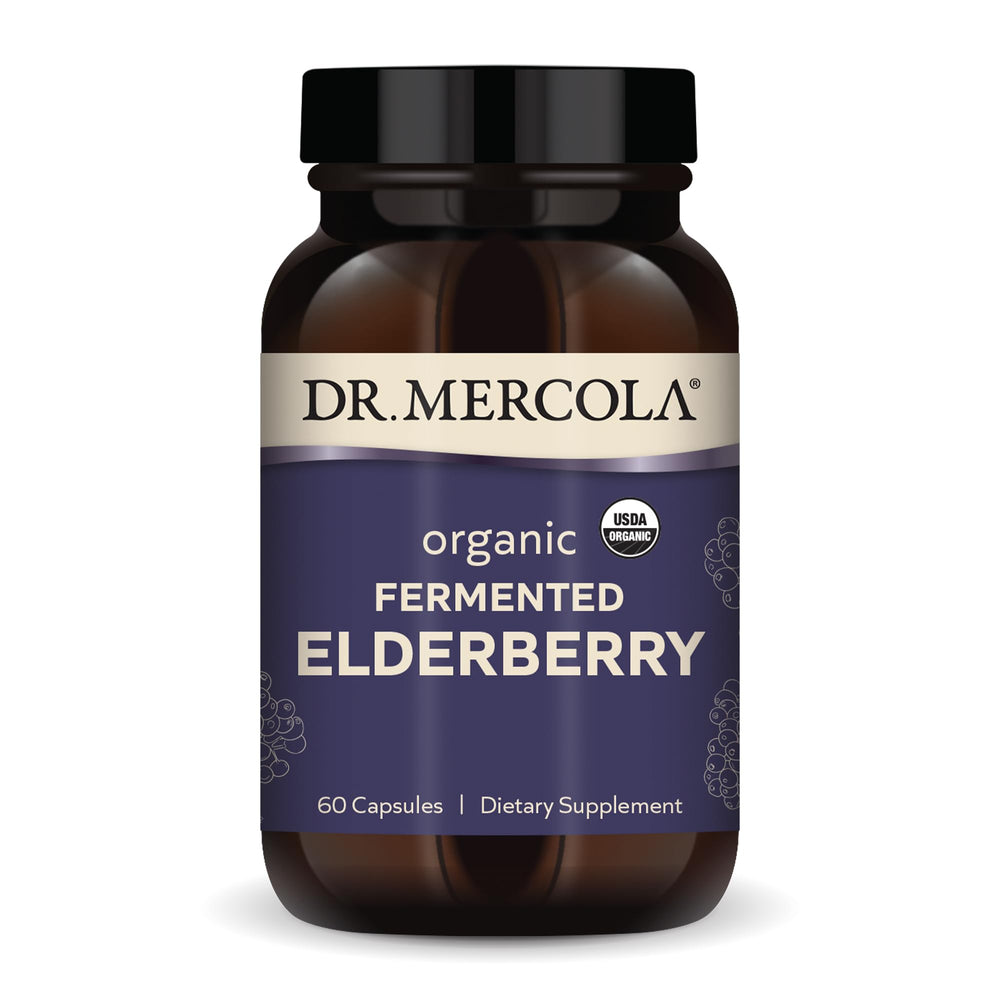 Dr. Mercola Organic Fermented Elderberry bottle on the counter supports daily wellness.