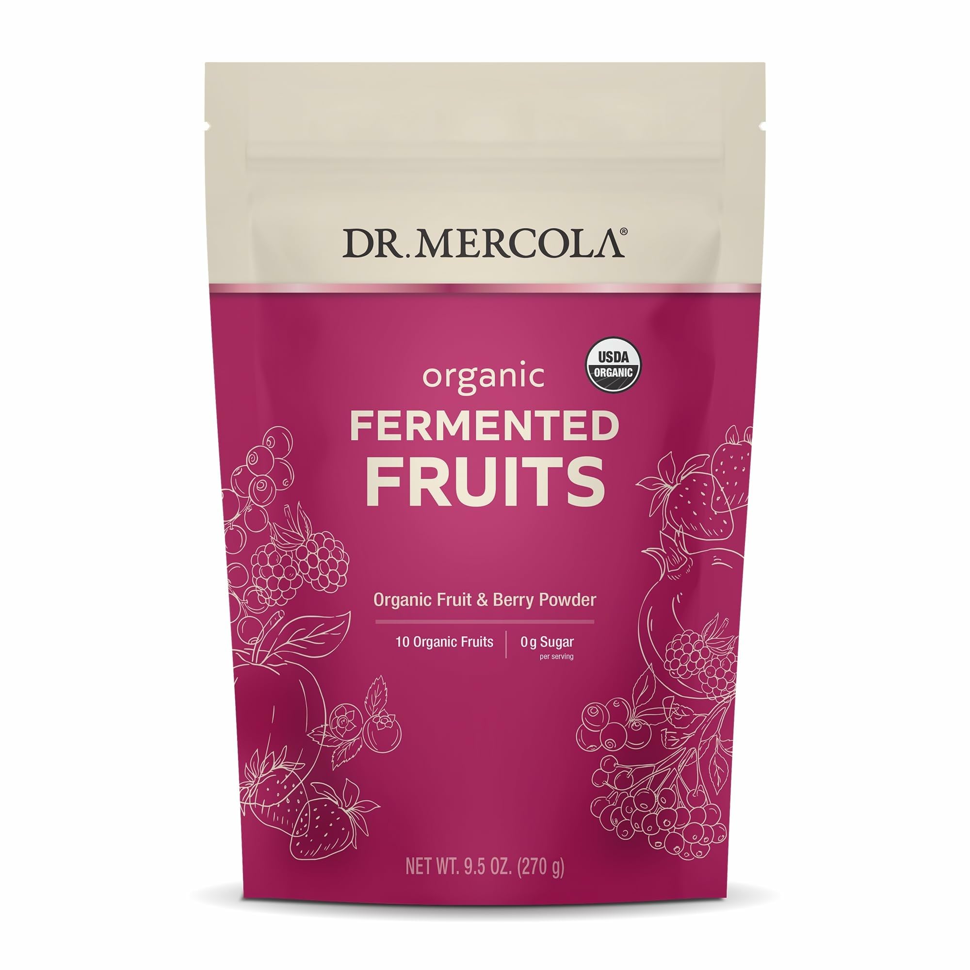 Dr. Mercola Organic Fermented Fruits bottle close-up highlighting premium organic ingredients for daily wellness