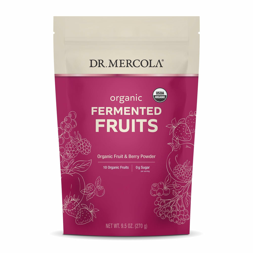 Dr. Mercola Organic Fermented Fruits bottle close-up highlighting premium organic ingredients for daily wellness