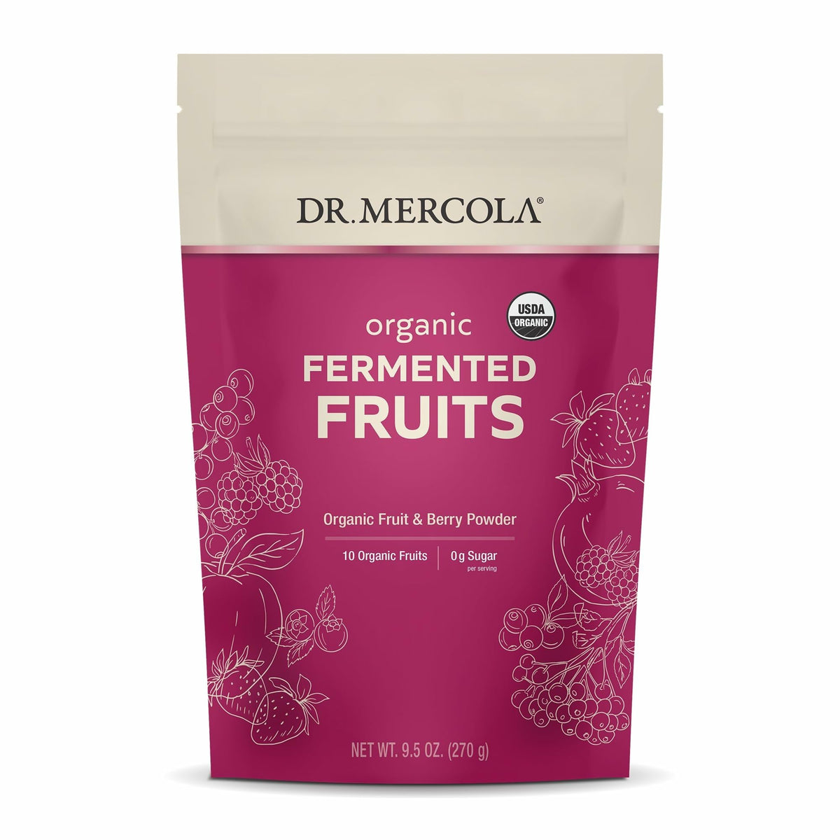 Dr. Mercola Organic Fermented Fruits bottle close-up highlighting premium organic ingredients for daily wellness