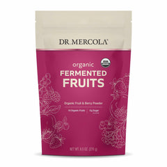 Dr. Mercola Organic Fermented Fruits bottle close-up highlighting premium organic ingredients for daily wellness