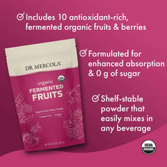 Dr. Mercola Organic Fermented Fruits label showing USDA Organic and Non-GMO certifications