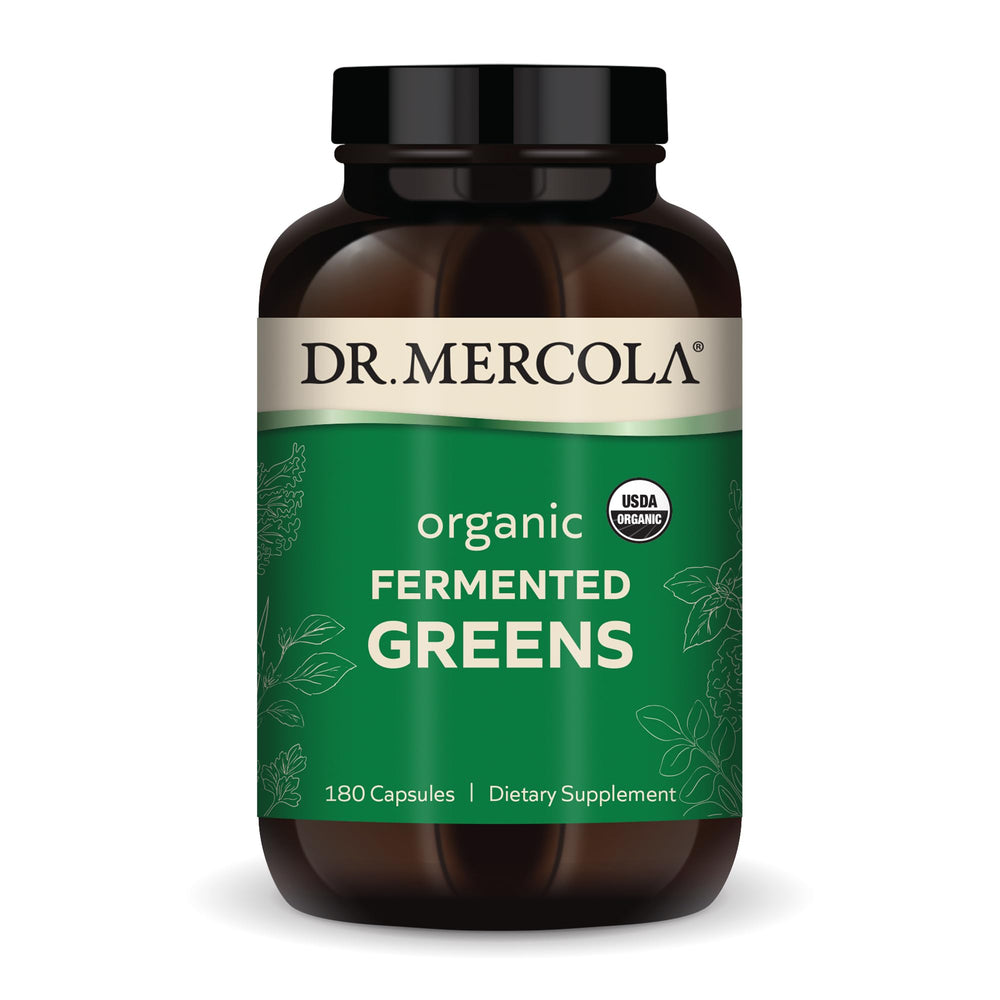 Dr. Mercola Organic Fermented Greens capsules close-up for convenient daily immune-support potential.