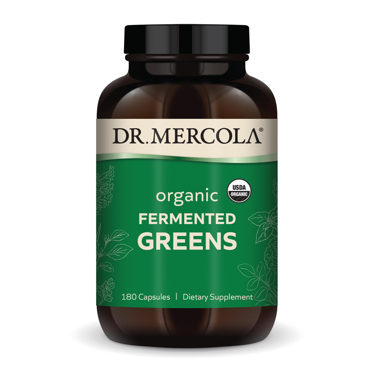 Dr. Mercola Organic Fermented Greens capsules close-up for convenient daily immune-support potential.