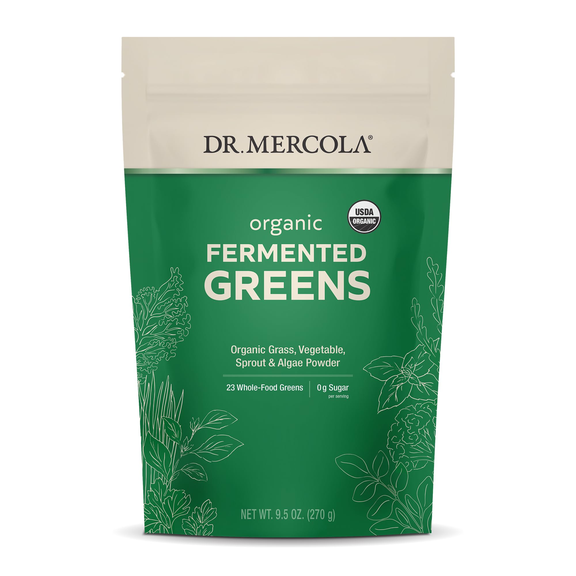 Dr. Mercola Organic Fermented Greens Bottle showing organic blend for daily nutrient support