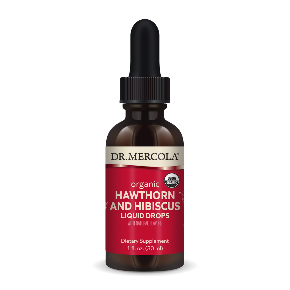 Dr. Mercola Hawthorn Hibiscus drops bottle shown for daily wellness with organic ingredients.