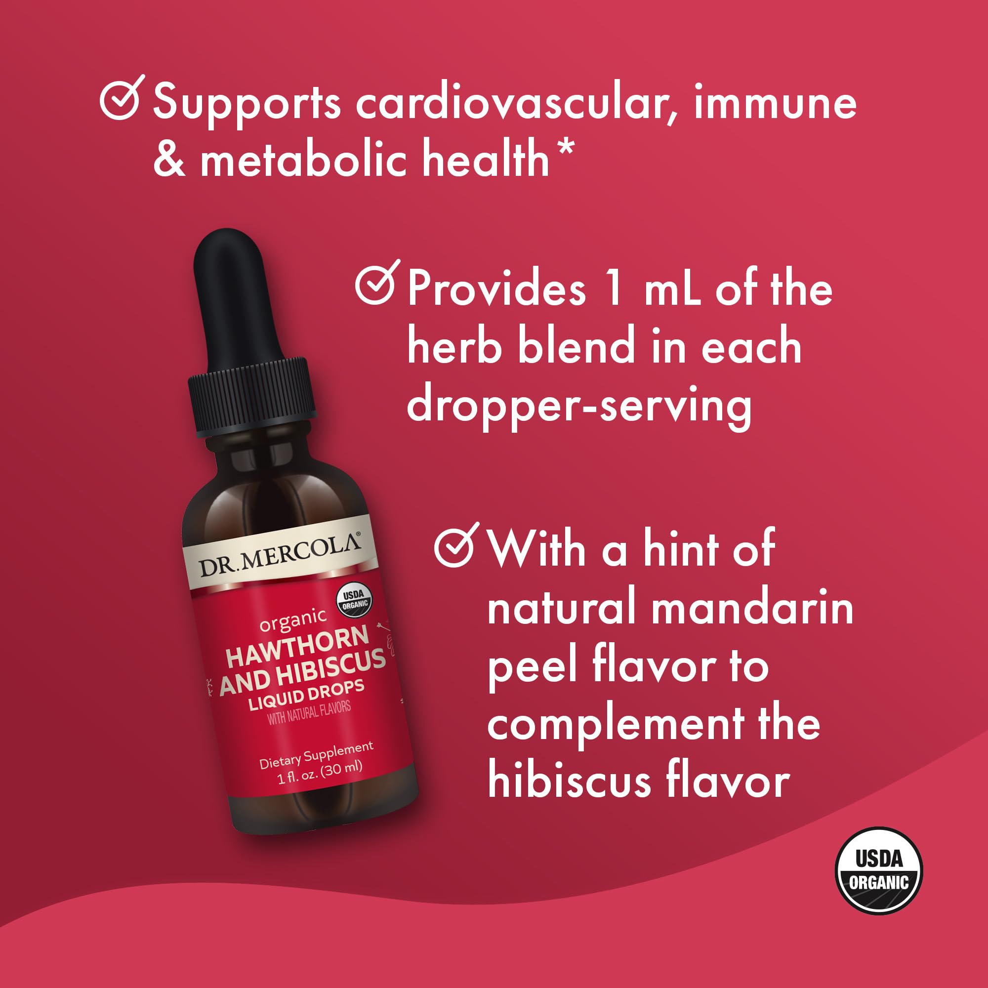 Ingredients note highlighting organic glycerin extraction of hawthorn and hibiscus.