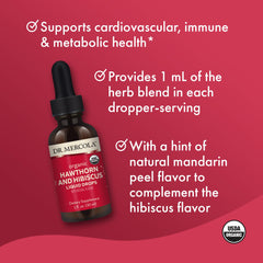 Ingredients note highlighting organic glycerin extraction of hawthorn and hibiscus.