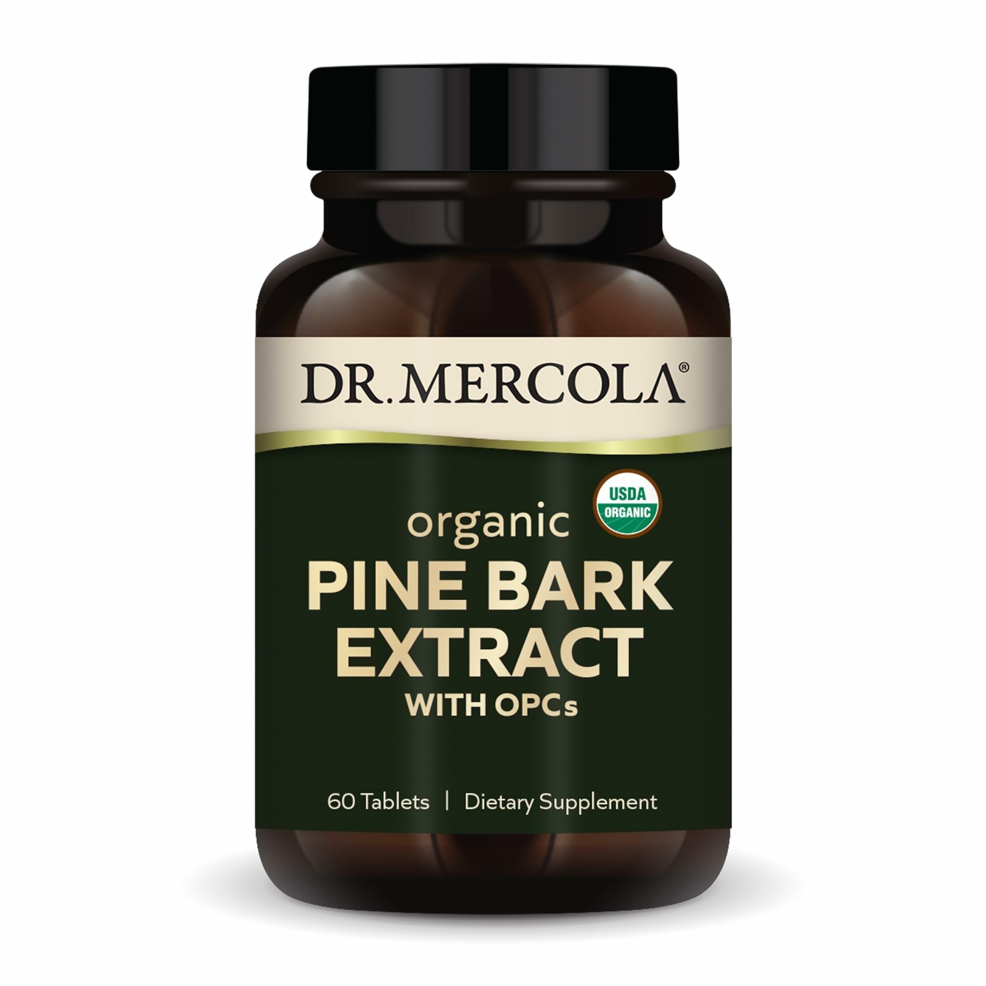 Dr. Mercola Organic Pine Bark Extract bottle showing antioxidant support.