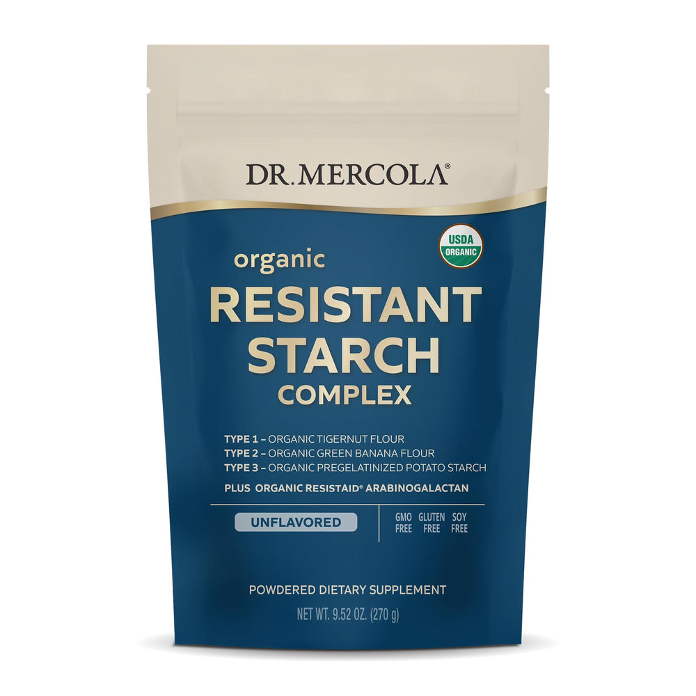 Dr. Mercola Organic Resistant Starch Complex bottle shows gluten-free, soy-free gut-friendly formula.