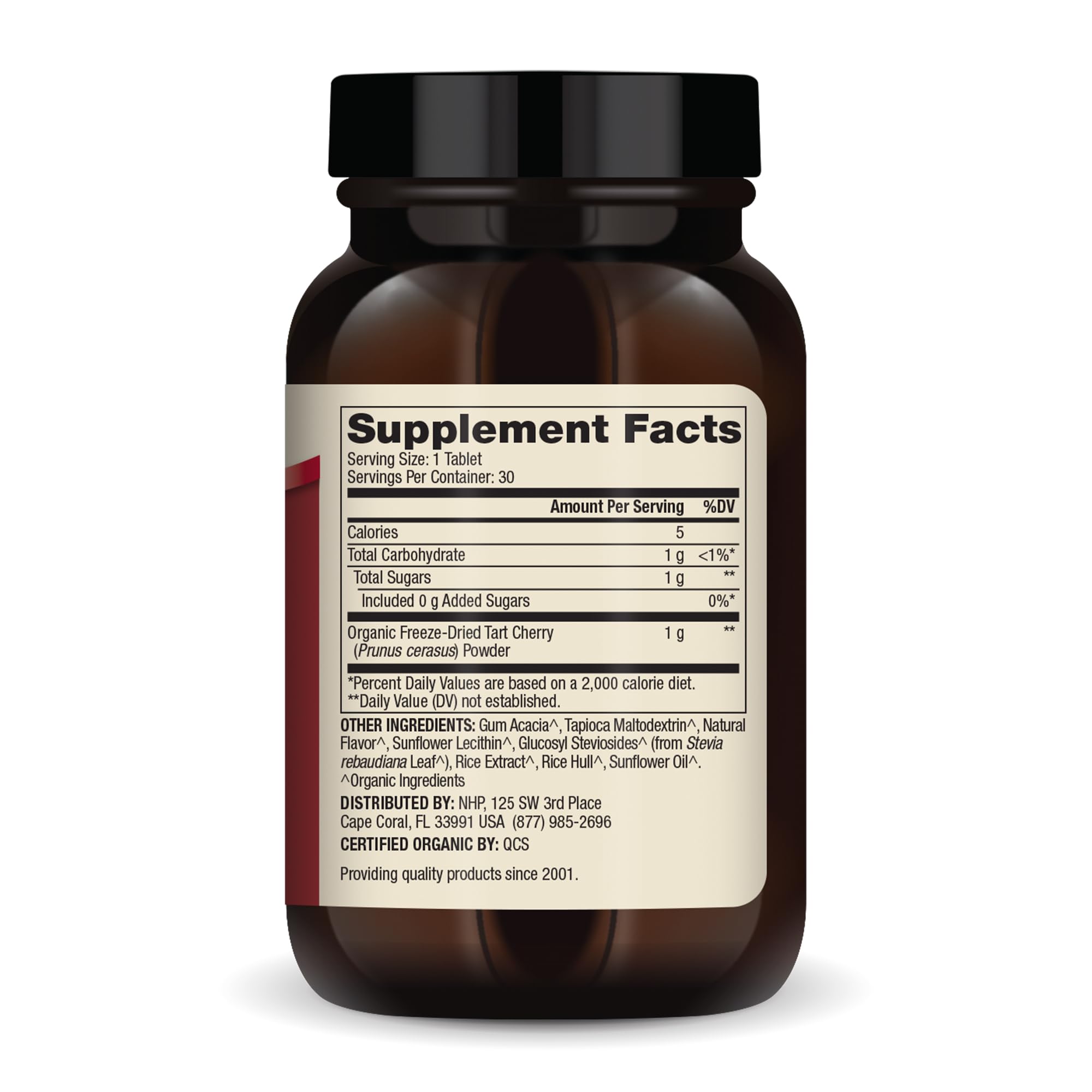 Close-up of Tart Cherry chewables tablet showing compact on-the-go form