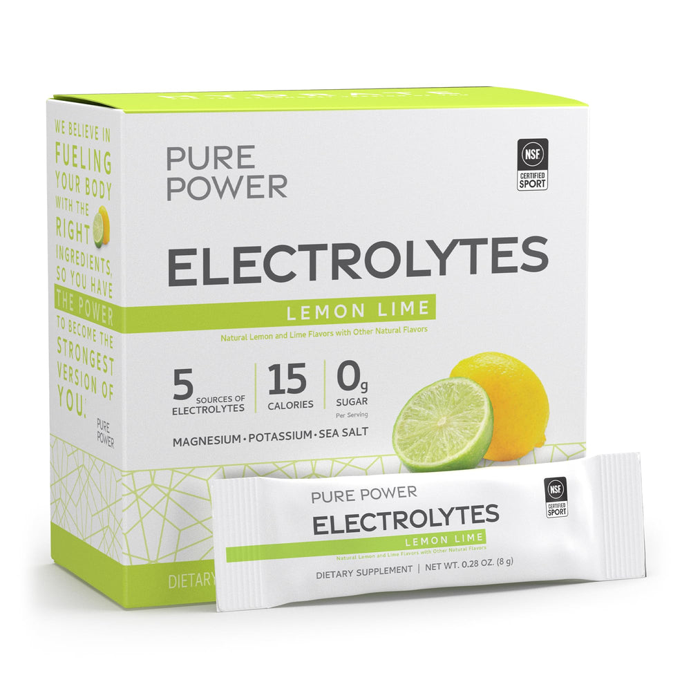 Dr. Mercola Pure Power Electrolytes lemon-lime packet ready to mix for hydration.