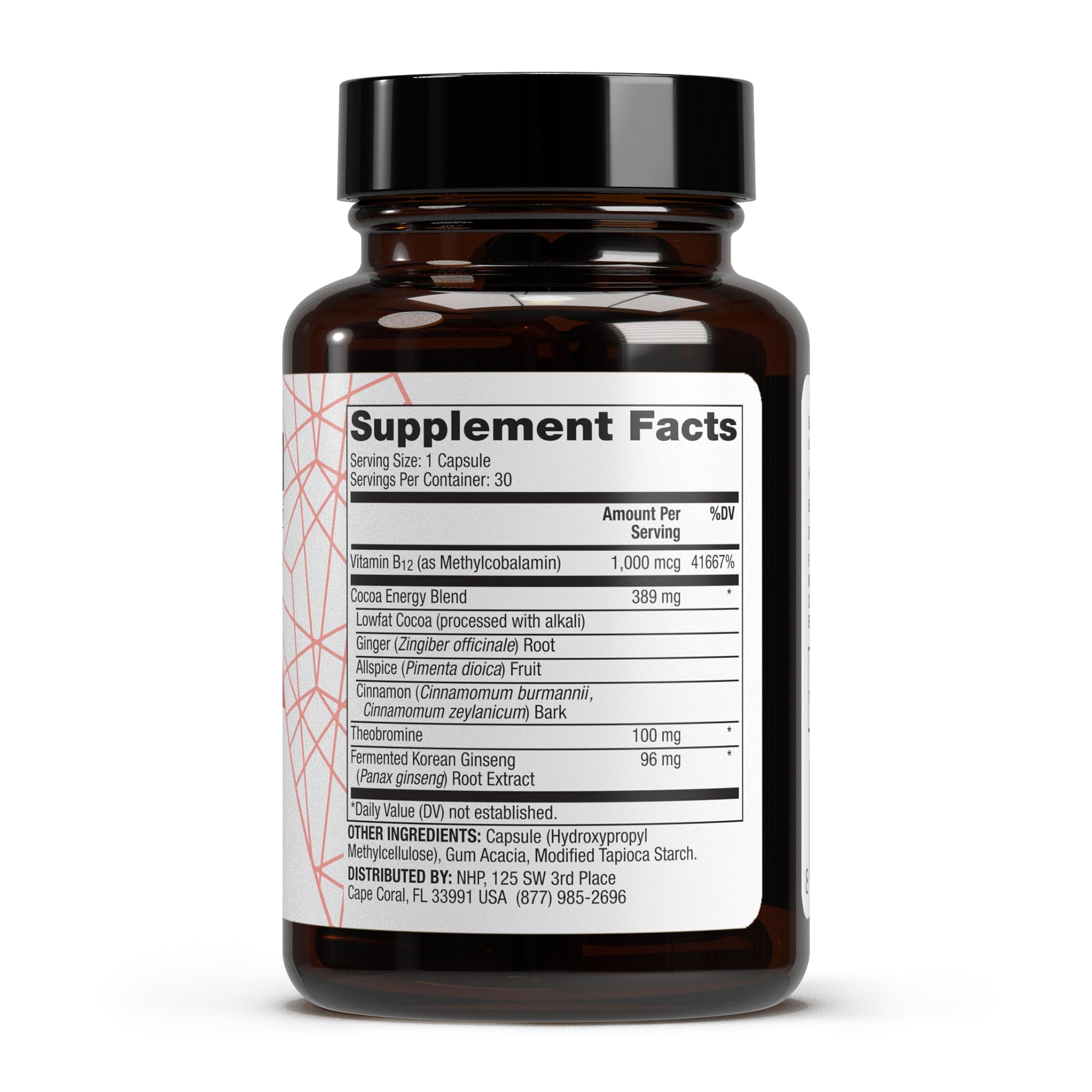 Close-up of Dr. Mercola Pure Power Energy Boost capsules showing ginseng and B12.