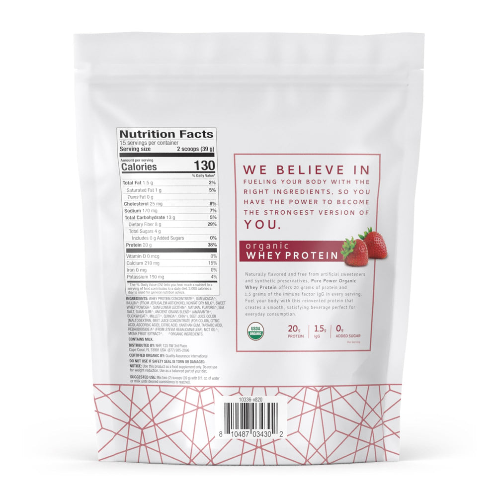 Dr. Mercola Pure Power Organic Whey powder tub highlights grass-fed whey and clean ingredients.