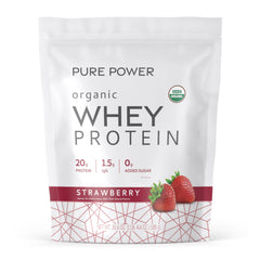 Dr. Mercola Pure Power Organic Whey Protein bottle shows protein-packed nutrition for workouts.