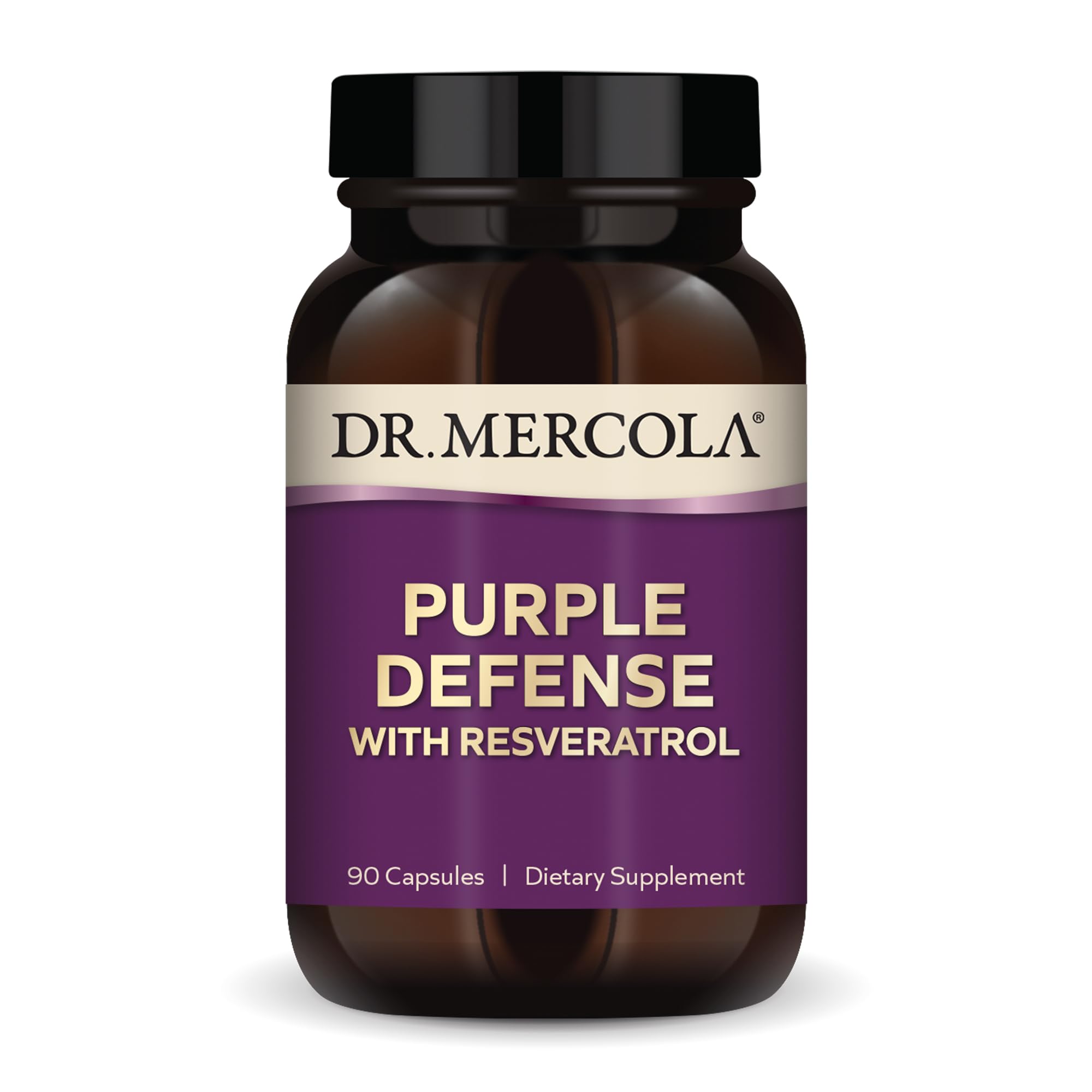 Dr. Mercola Purple Defense bottle front for daily antioxidant support.