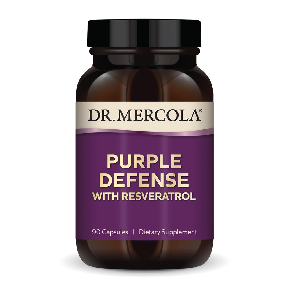 Dr. Mercola Purple Defense bottle front for daily antioxidant support.
