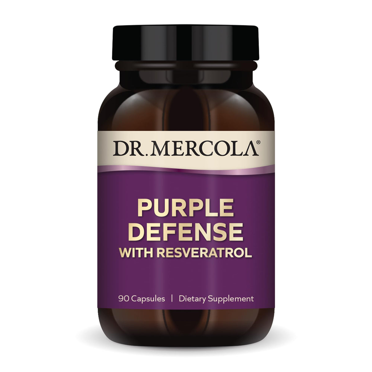 Dr. Mercola Purple Defense bottle front for daily antioxidant support.