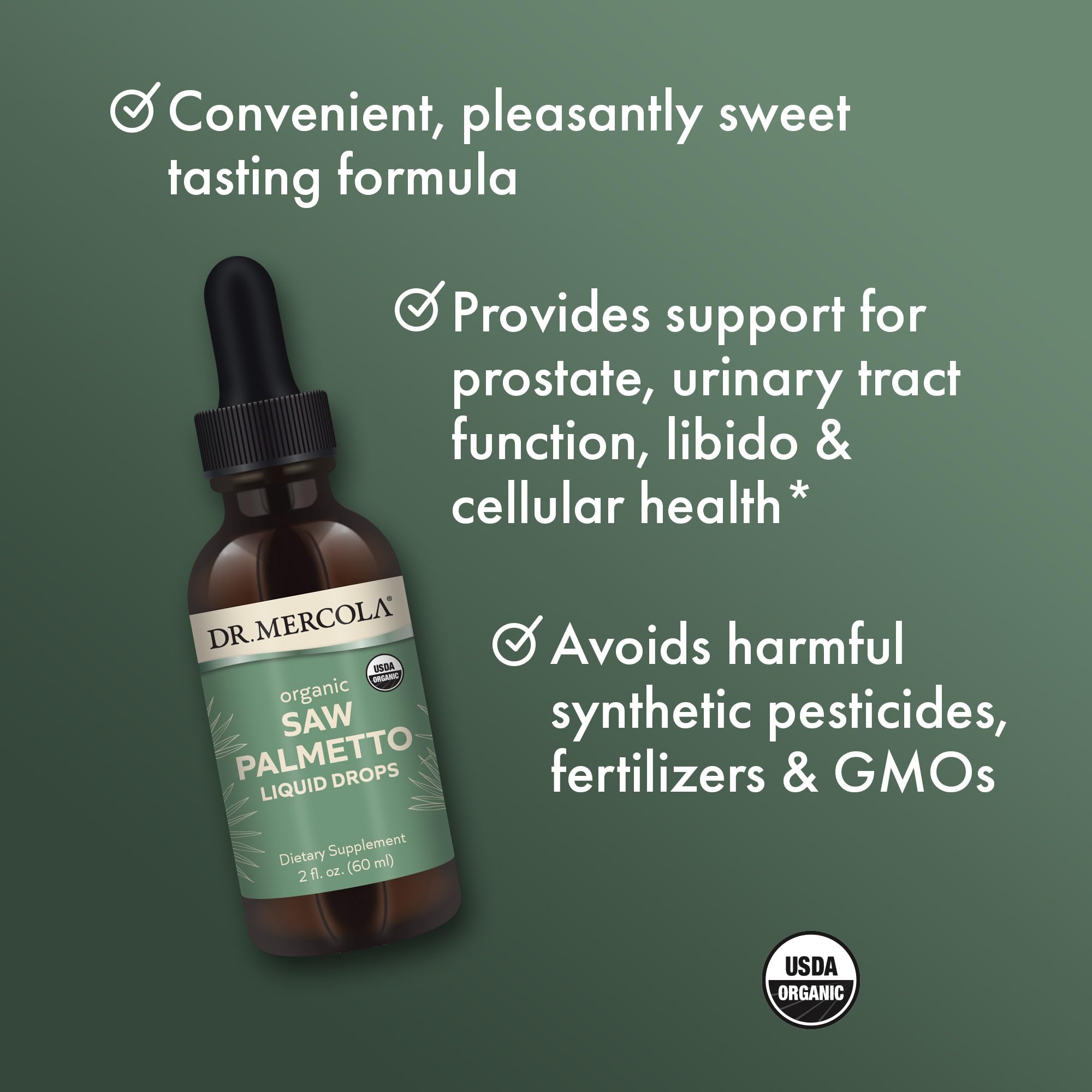 Label on Dr. Mercola Saw Palmetto Liquid Drops highlighting organic status