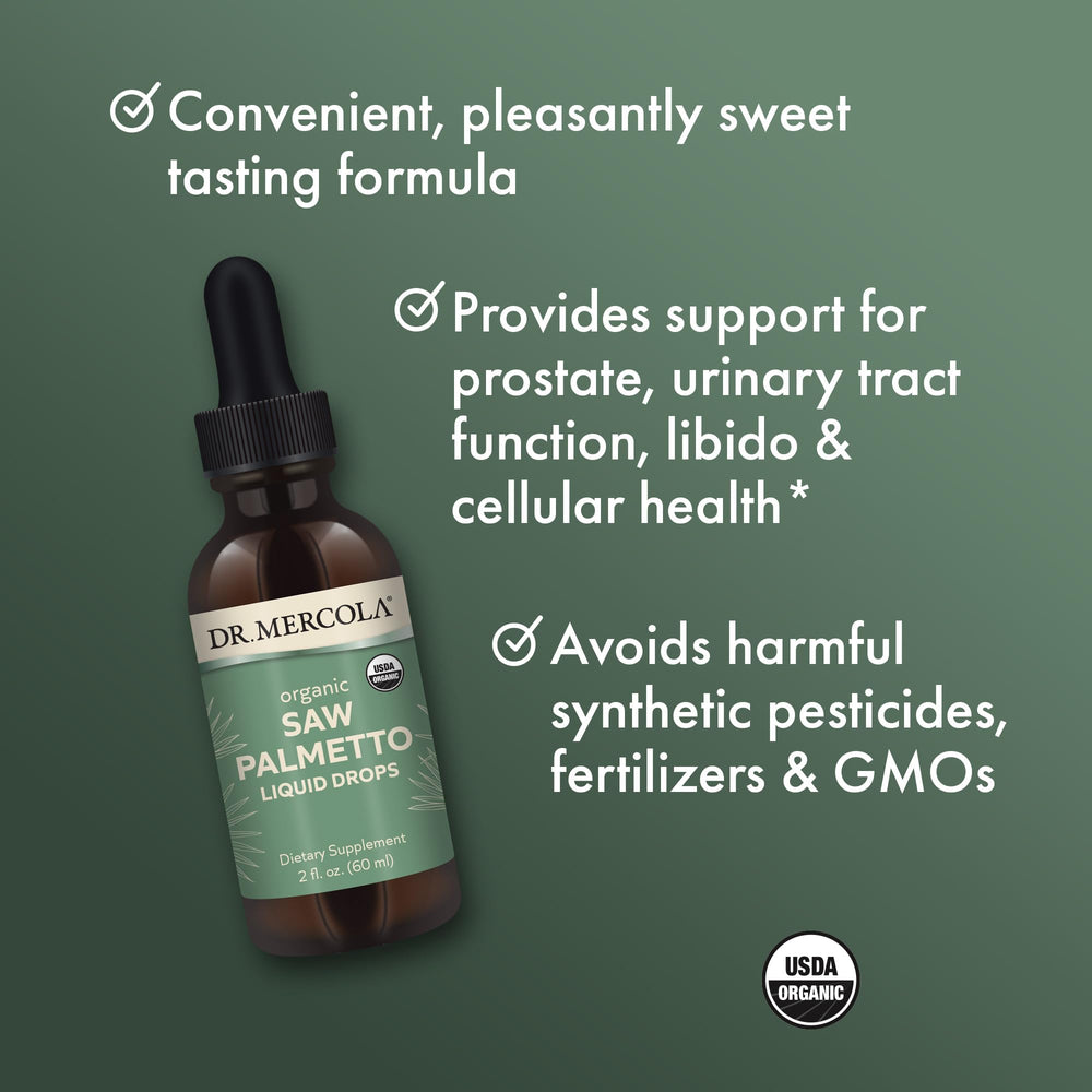 Label on Dr. Mercola Saw Palmetto Liquid Drops highlighting organic status