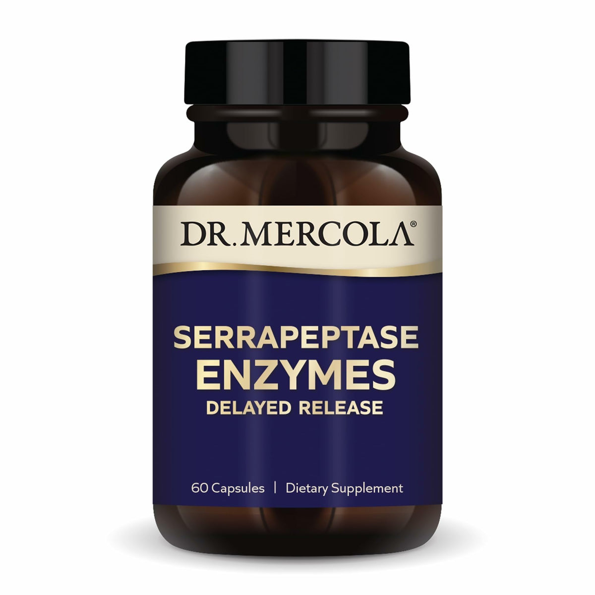 Dr Mercola Serrapeptase capsules bottle label highlights clean non GMO formula