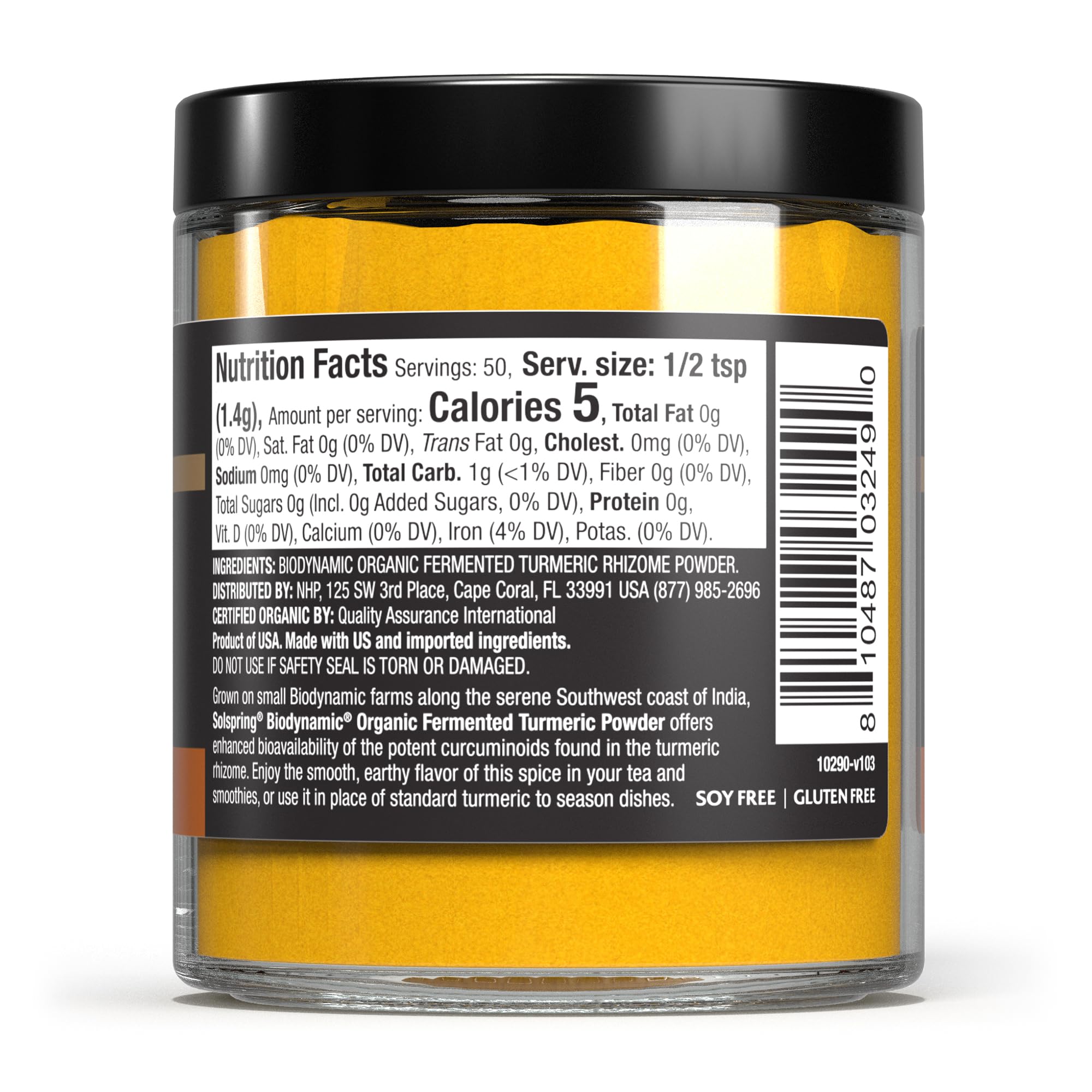 Dr. Mercola Solspring turmeric powder packaging highlights Demeter Biodynamic status for premium ingredients.