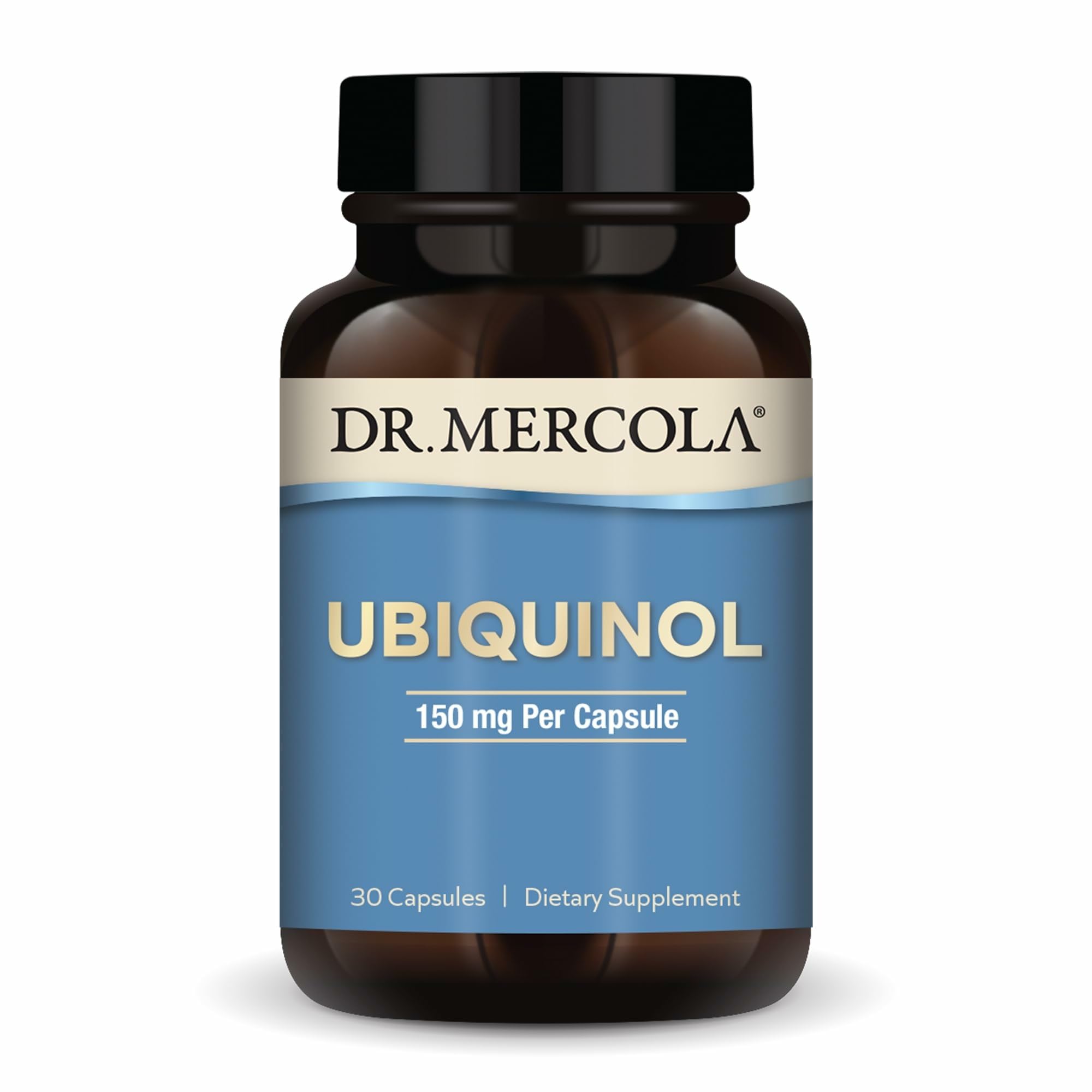 Dr. Mercola Ubiquinol bottle with cap emphasizes daily energy support.