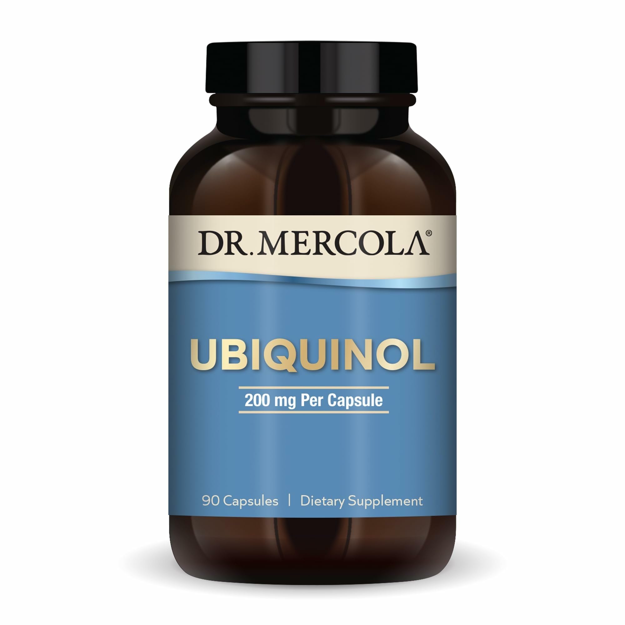 Dr. Mercola Ubiquinol bottle emphasizing energy support for daily vitality.