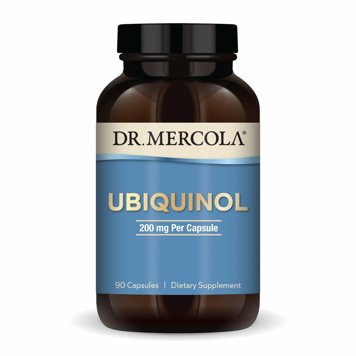 Dr. Mercola Ubiquinol bottle emphasizing energy support for daily vitality.