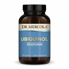 Dr. Mercola Ubiquinol bottle emphasizing energy support for daily vitality.