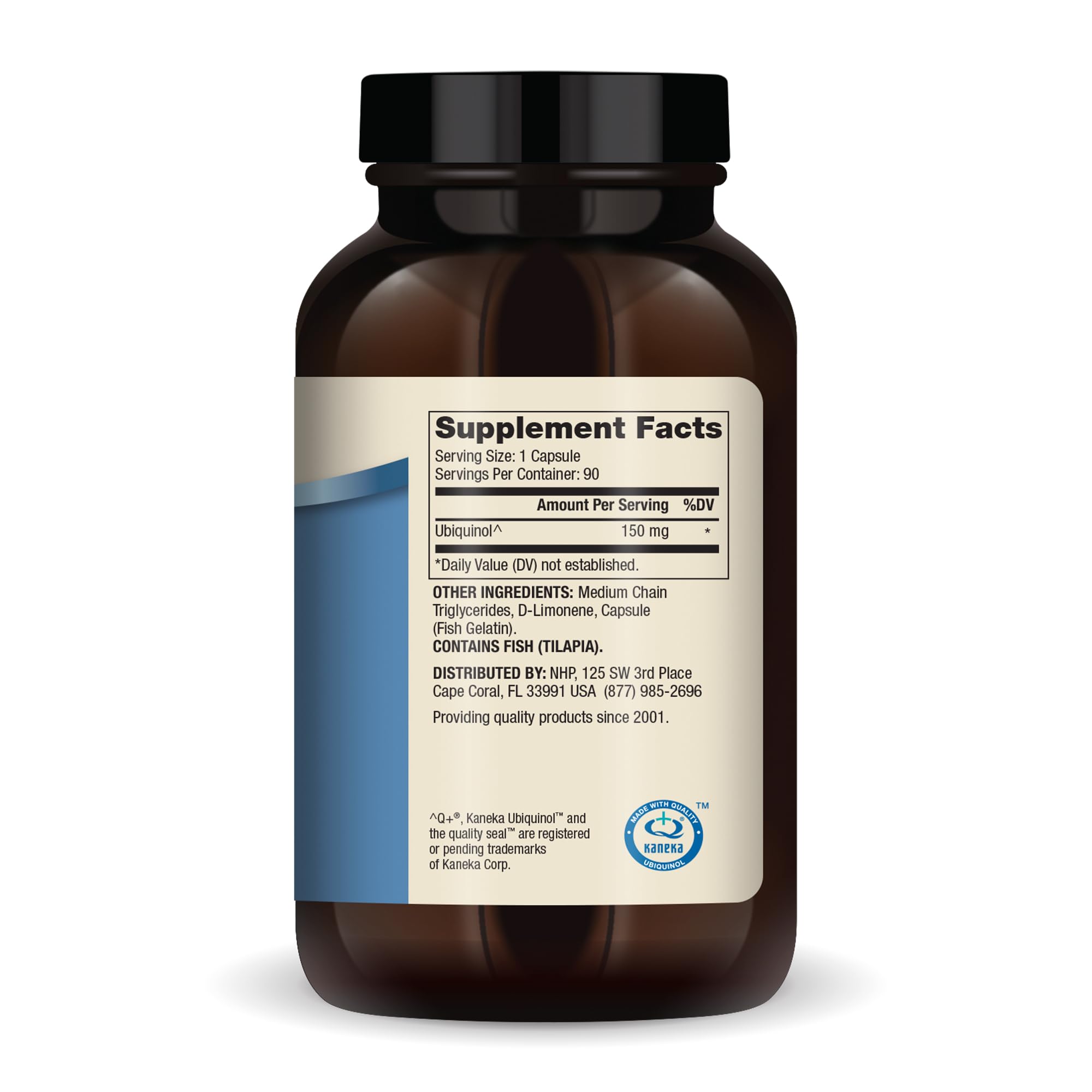 Dr. Mercola Ubiquinol capsules close-up showing 150 mg potency.