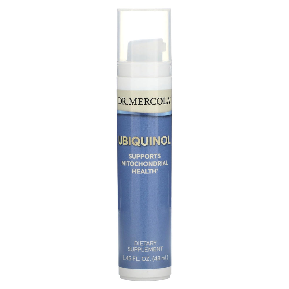 Dr. Mercola Ubiquinol Liquid Pump bottle shows convenient daily energy support.