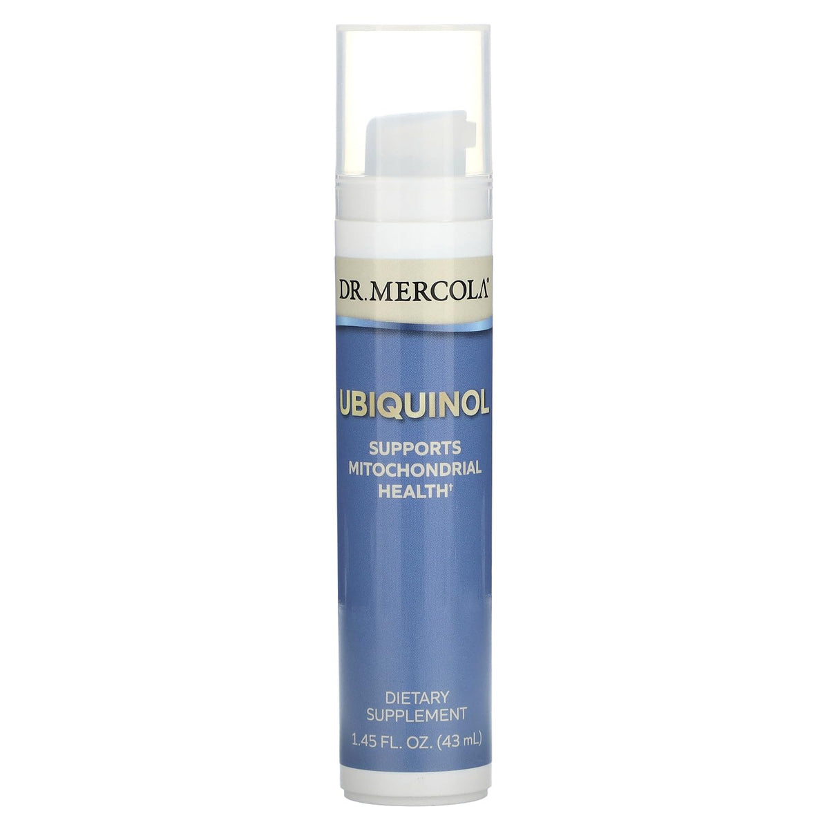 Dr. Mercola Ubiquinol Liquid Pump bottle shows convenient daily energy support.
